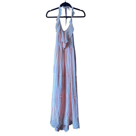 Soiéblu Women's Boho Halter Maxi Dress Peach Pink Open Back Ruffle Lace Hem SZ S - Picture 2 of 10
